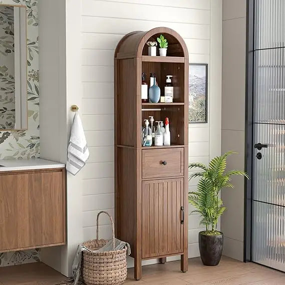Elegant Tall Bathroom Storage Cabinet with Adjustable Shelves, Slim Arched Tower Cabinet Featuring Fluted Doors and Drawers