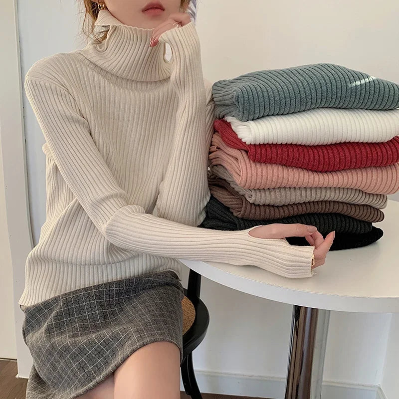 Autumn Winter Warm Thick Women Sweater Pullover Basic Korea Ribbed Sweaters Cotton Tops Knitted Solid Turtleneck with Thumb Hole