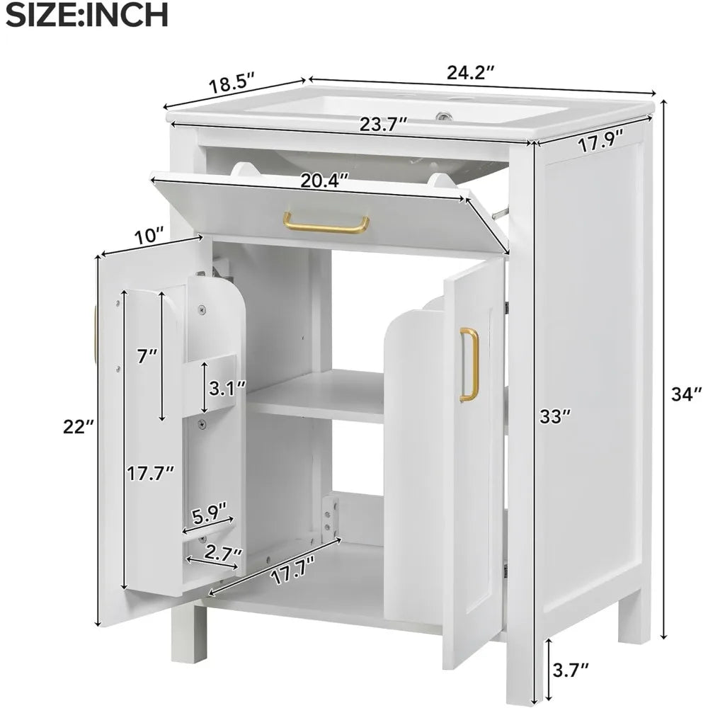 24 LUMISOL Solid Wood Bathroom Vanity Set with Sink, Soft-Close Door, Tip-Out Drawer, and Storage Racks