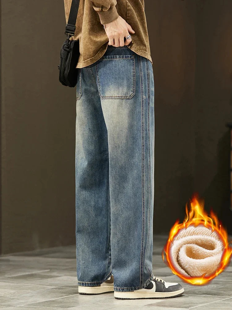 Winter Warm Fleece Jeans Men's Thickened Loose Wide-leg Denim Pants Vintage Wash Casual Straight Velvet Trousers Streetwear