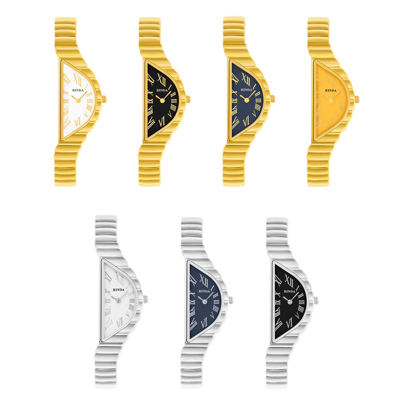 Binda Women’s Gold Case Quartz Watch – Curved White Dial, Half-Round Roman Index, 30M Water-Resistant, Elegant Gift Box Set