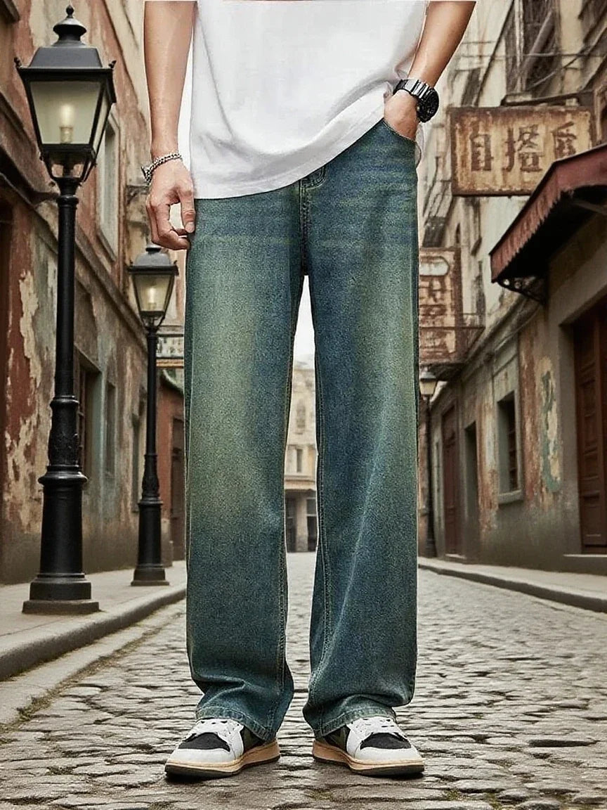 New Streetwear Loose Jeans Men Korean Fashion retro Denim Pants Solid wash Casual straight tubeTrousers Men Brand Clothing Wear