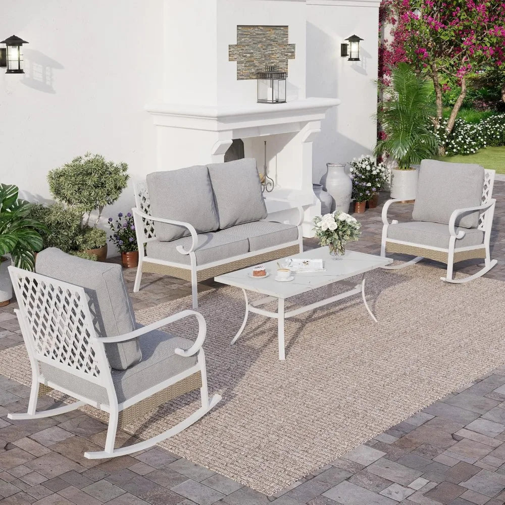 4 Piece Metal Outdoor Patio Furniture Set, Patio Conversation Sets 1 2-Seater Sofa, 2 Single Sofa with 5.75" Extra Thick Cushion