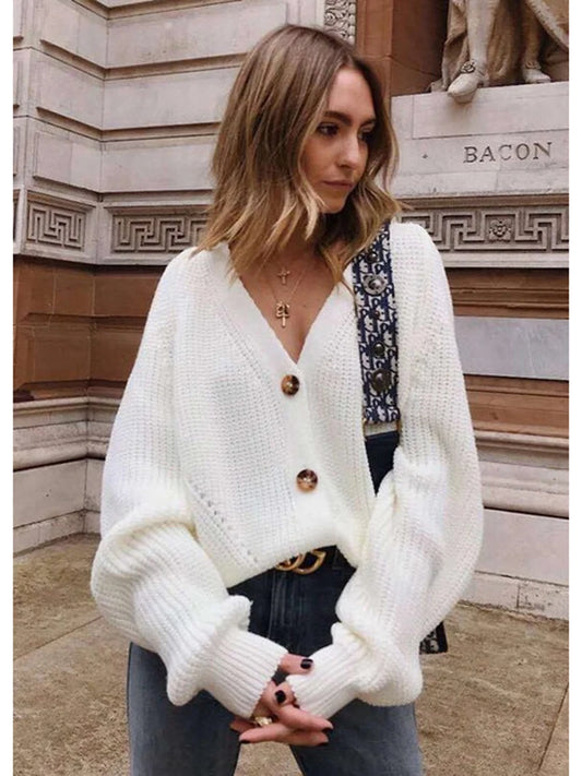 Grey Cardigan Sweater Women Cozy Soft Knit Button Up V-Neck Jumper Basic Knitwear Autumn Winter Outfit