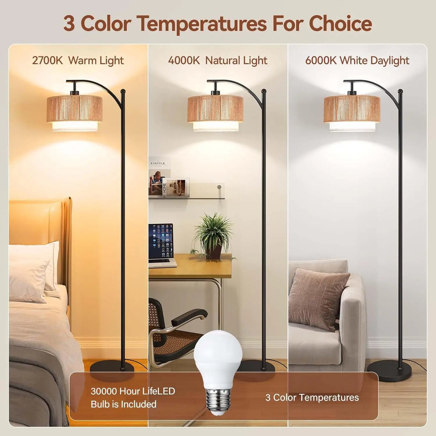 Arc Floor Lamp with 12W LED, 3 Color Temperatures, Adjustable Rattan & Fabric Shades, Boho Living Room Lamp