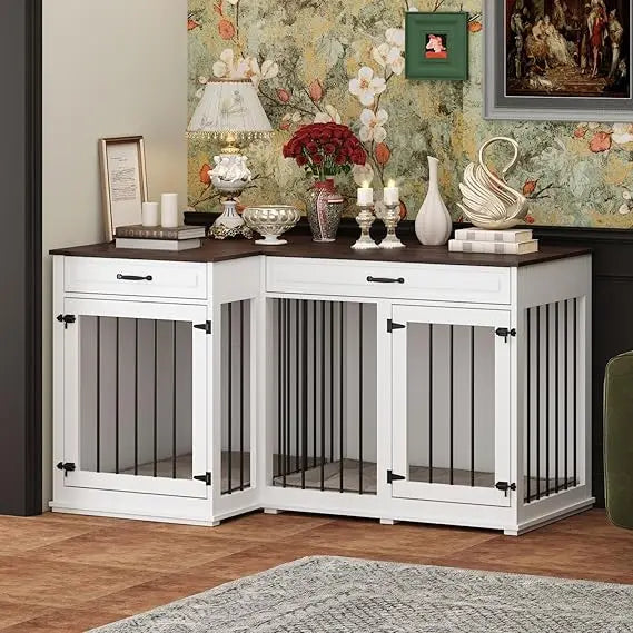 large corner dog crate furniture for 2 dogs, 59" indoor wooden furniture style dog kennel house with double rooms, drawers & rem