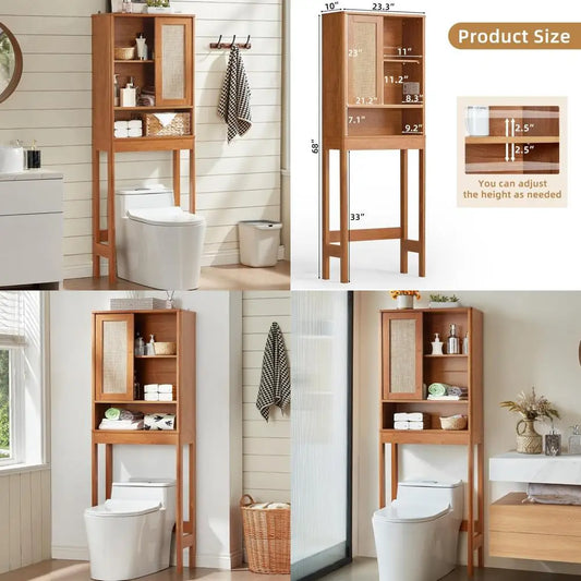 Over Toilet Storage Cabinet with Rattan Sliding Door, 68 Tall Wood Bathroom Organizer with Adjustable Shelves