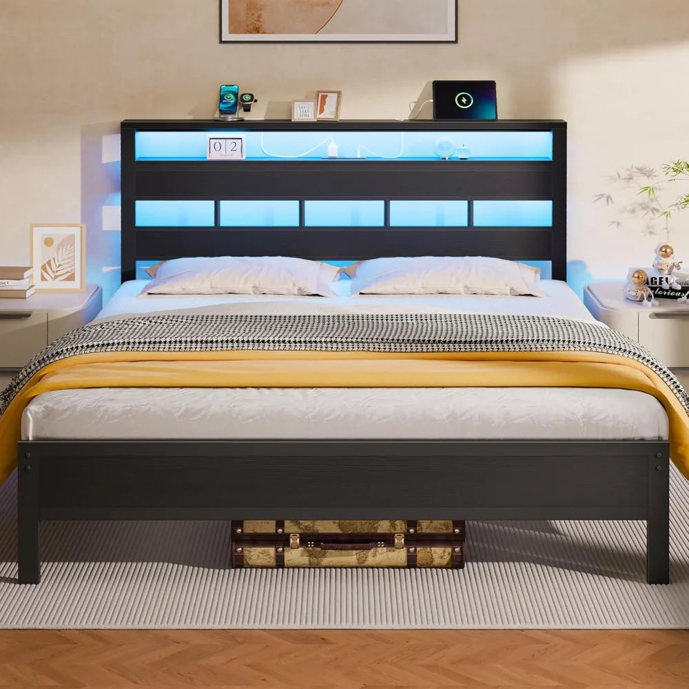 Queen Size Metal Bed Frame with Storage Headboard, LED Lights, Charging Station, and USB Ports