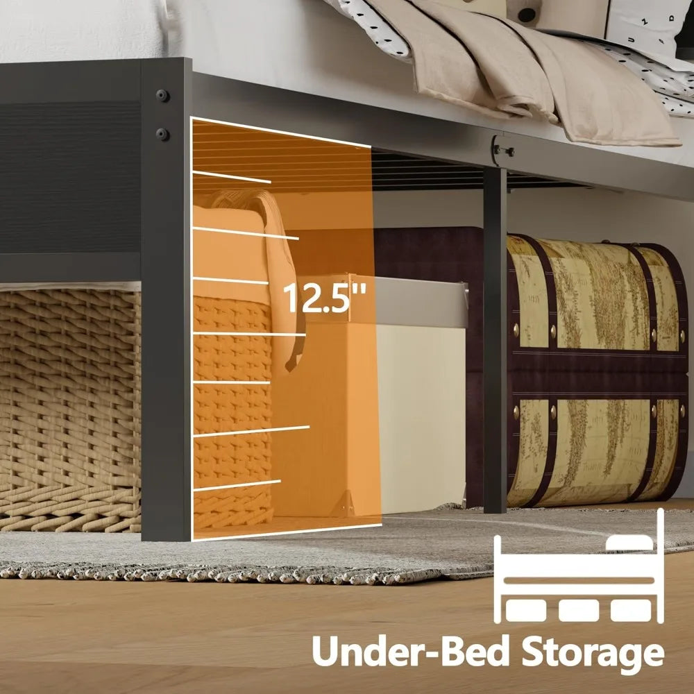 Queen Size Metal Bed Frame with Storage Headboard, LED Lights, Charging Station, and USB Ports