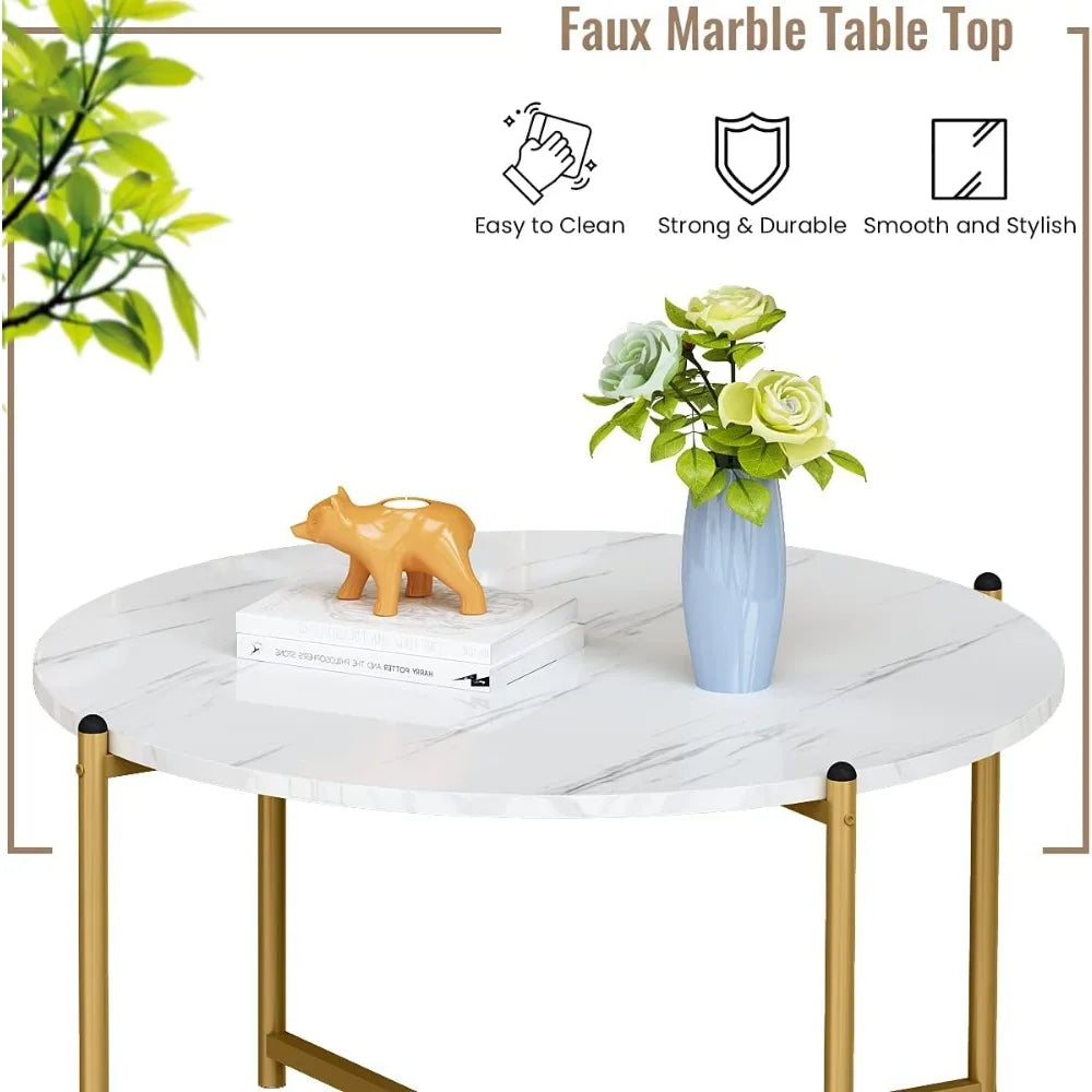 Living Room Coffee Table Set, Faux Marble Living Room Table Set of 3 Modern Round Center Table with Metal Legs, Round Coffee Ta