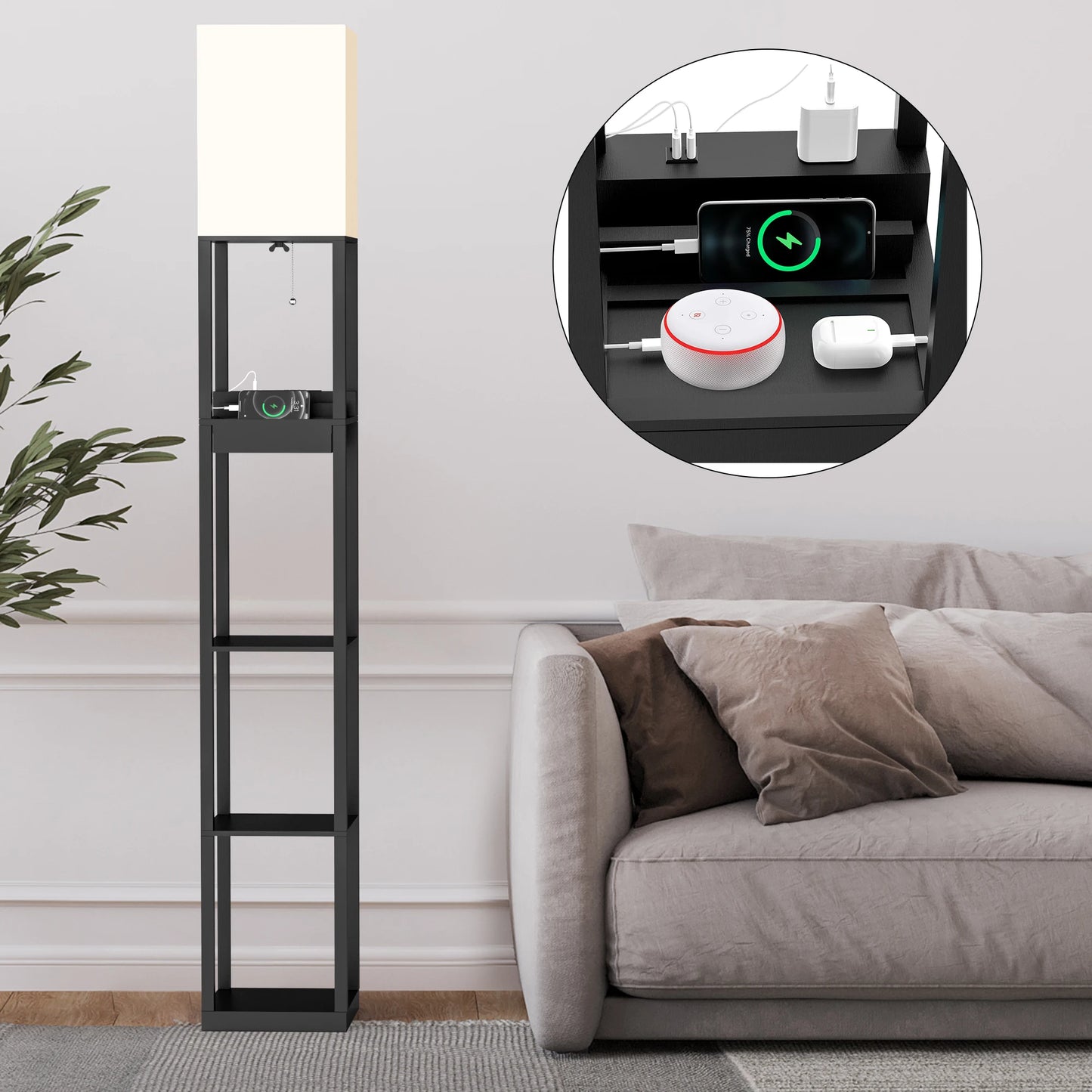 67" Column Floor Lamp with Shelves, Solid Wood, USB Ports, Storage Drawer and Bulb Included