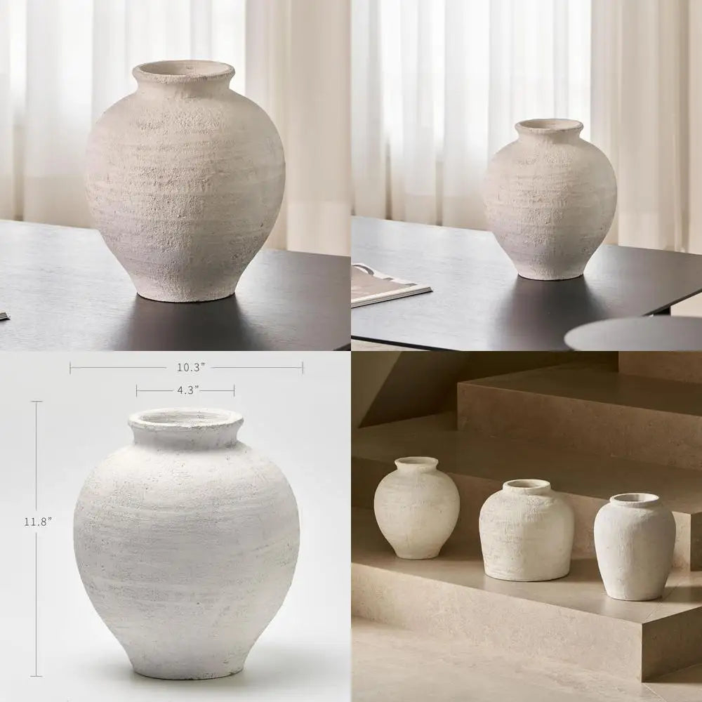 Large White Ceramic Zen Vase, 11 Tall Rustic Style, Terra Cotta Pitcher, Distressed Farmhouse Decor, Pottery Art, Long Tail Home
