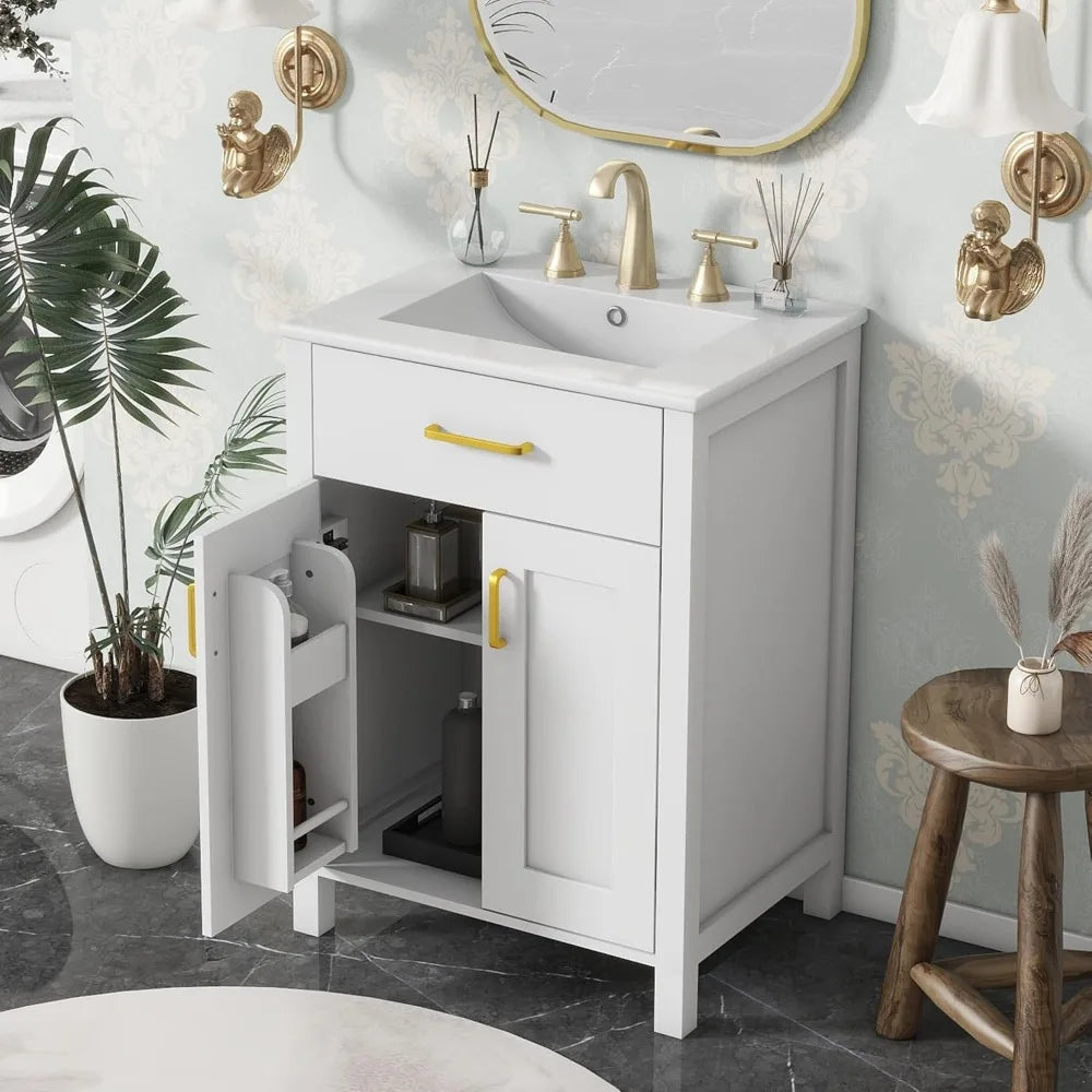 24 LUMISOL Solid Wood Bathroom Vanity Set with Sink, Soft-Close Door, Tip-Out Drawer, and Storage Racks
