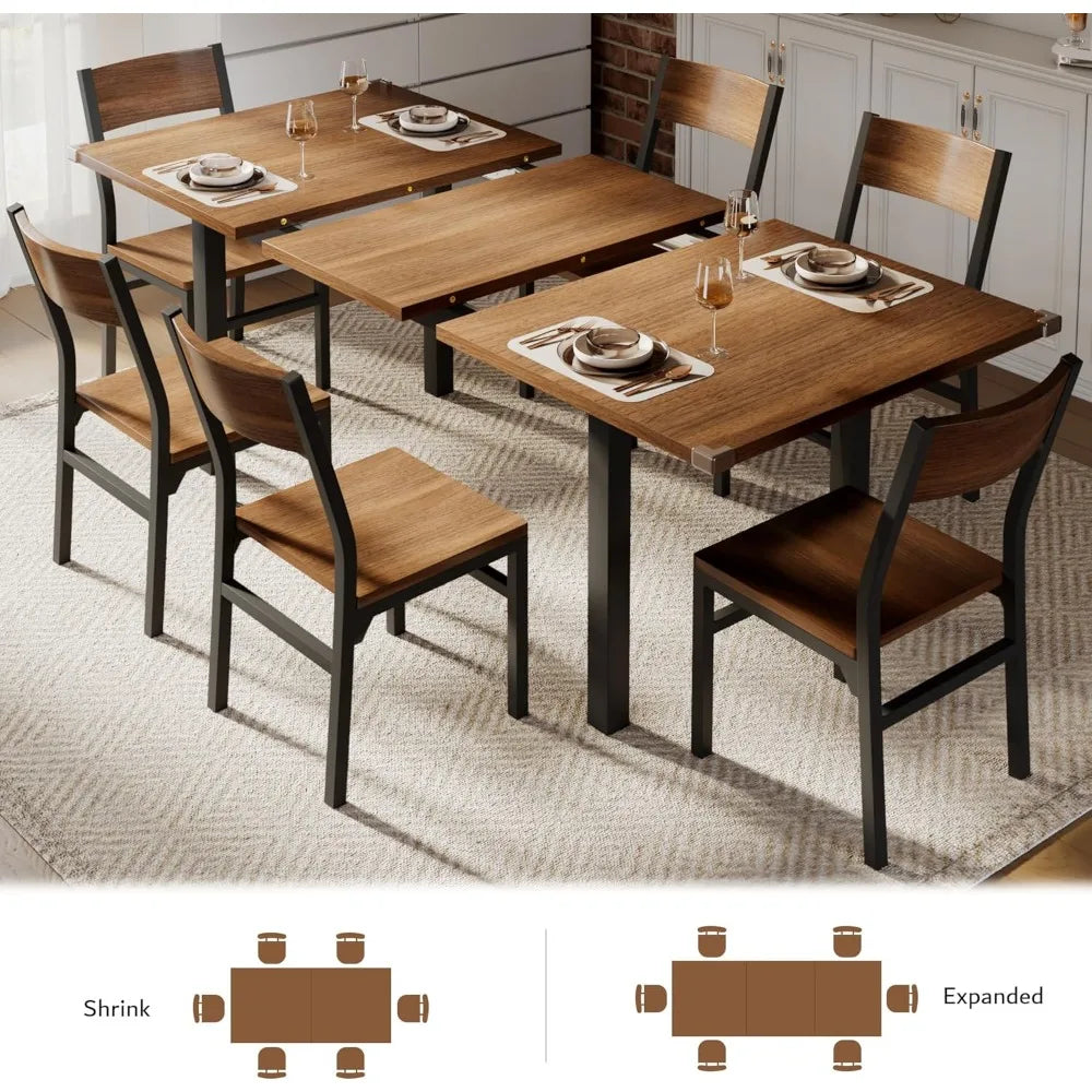 6-8 Seater Dining Table Set with 6 Chairs, 63" Extendable Kitchen Table Set, Solid Metal Frame Dining Room Table
