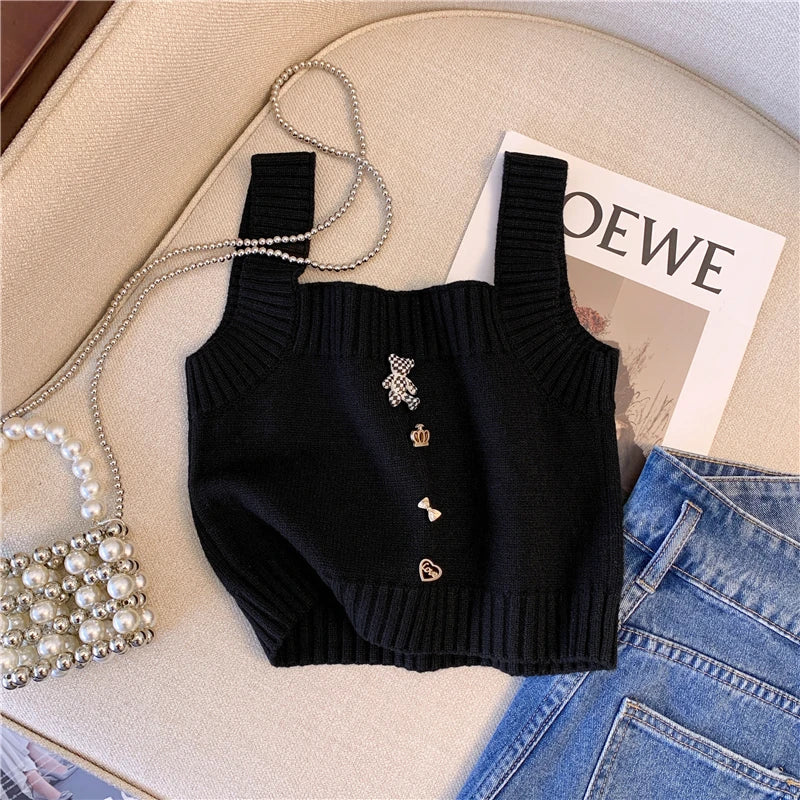 Women Clothing White Three-dimensional Bear Knitted Tanks Tops Ummer Short Suspender Top Sleeveless Camisole T-shirt