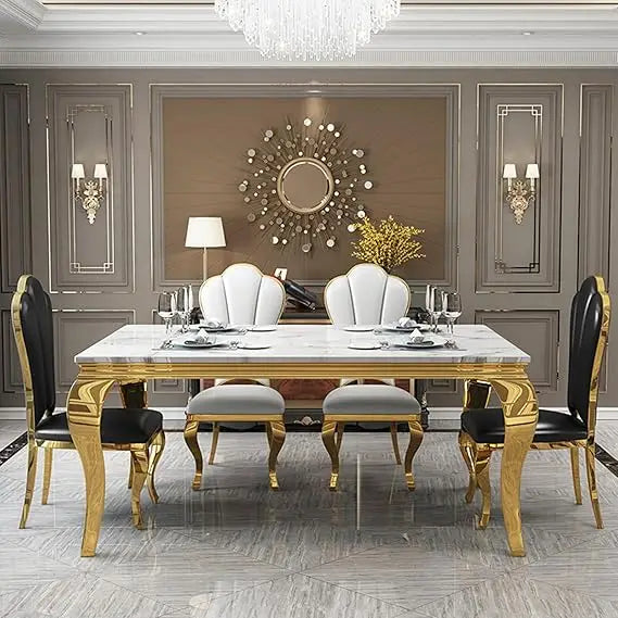 Marble Dining Table for 4 6, 70 Inch White Gold Kitchen Table with Faux Marble Top & Cabriole Stainless Steel Legs, Modern Recta