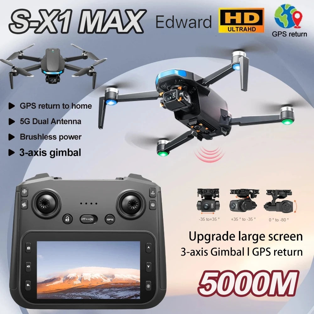 2025S-X1 MAX GPS Drone 4K Professional HD Camera 3-Axis Gimbal 5G Digital image transmission Large Screen FPV Dron RC Quadcopter