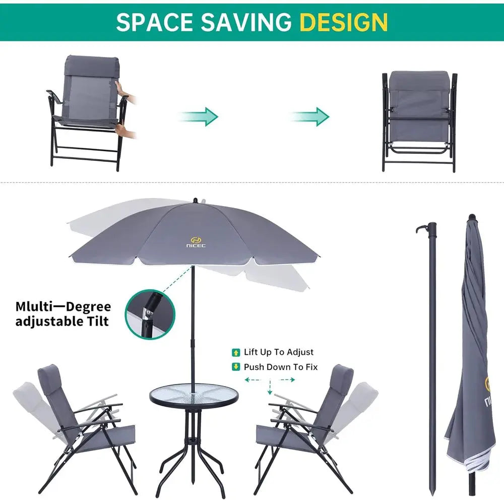 Outdoor Dining Set with Umbrella, 4-Piece Patio Furniture, Grey Glass Table & Folding Chairs