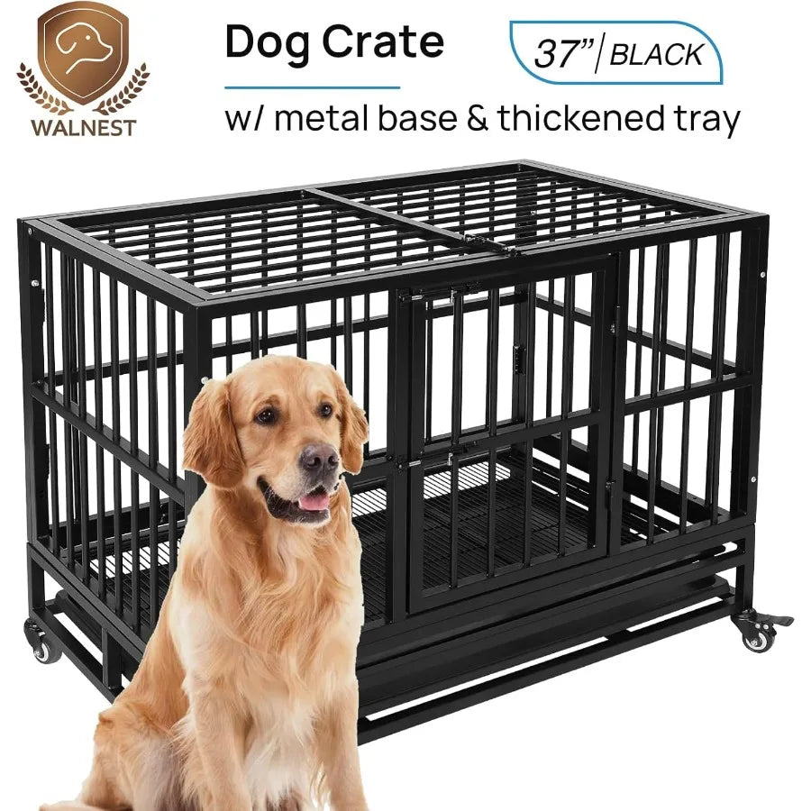 Heavy Duty Dog Kennel 37-Inch with Indestructible Steel Frame Portable Design Featuring Wheels Double Doors for Easy Access Stu
