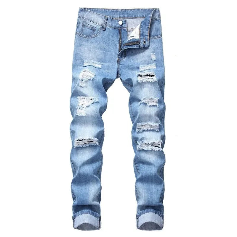 Men's Clothing Ripped Straight Slim-fit Non-elastic Jeans More Ripped Men's Trousers Jeans for Men Cargo Pants Men