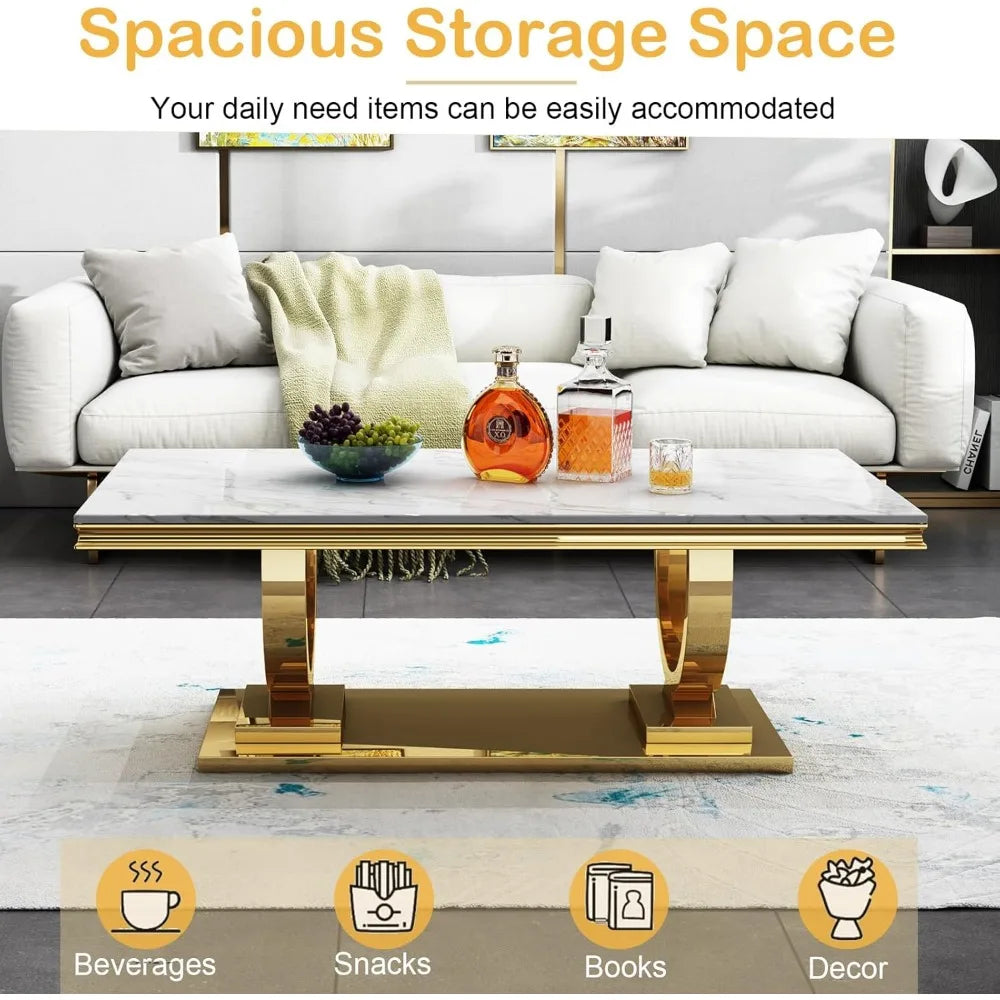 Luxury Marble Coffee Table with Gold Stainless Steel Pedestal Modern 47" Rectangle Coffee Table Elegant White Marble Center Tab