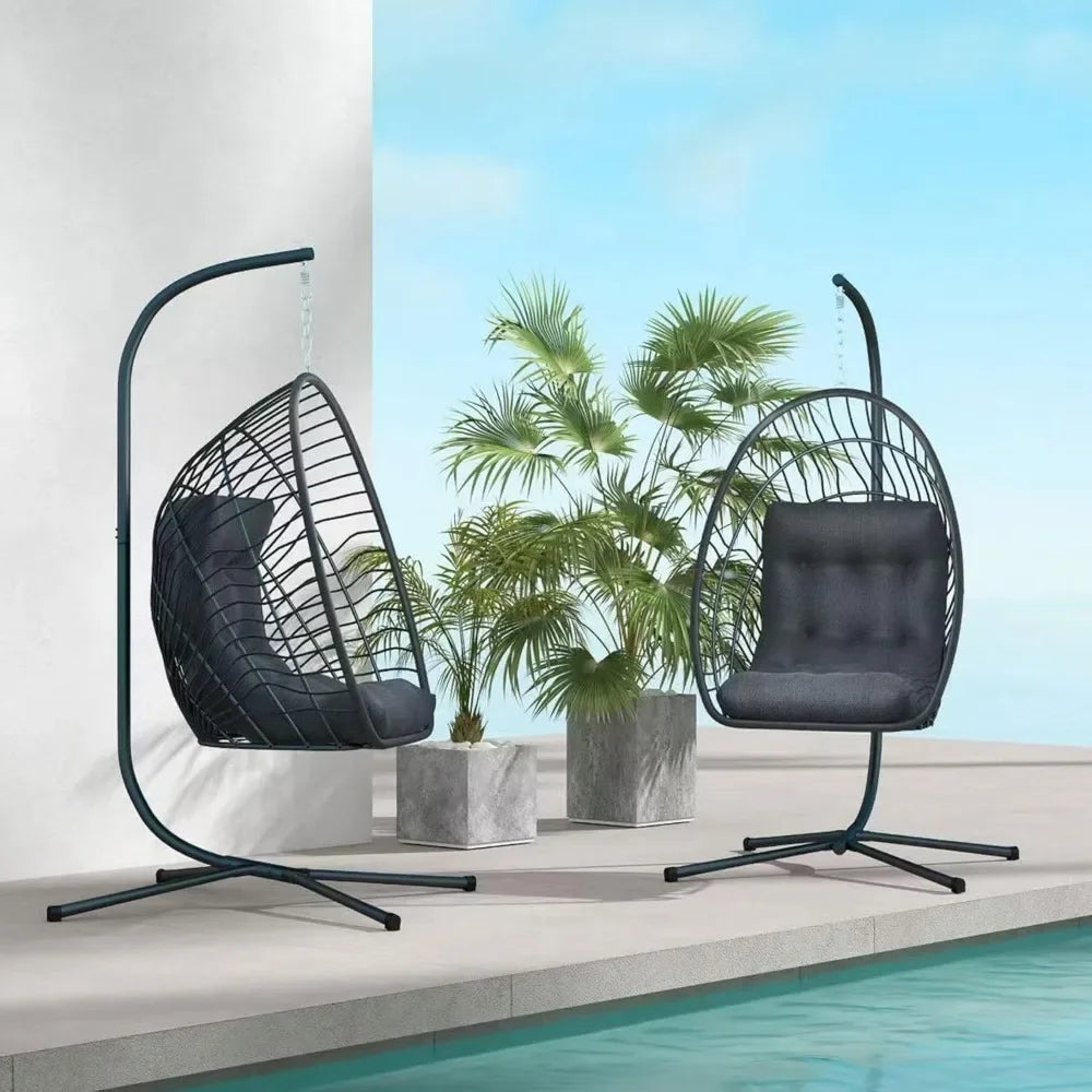 Foldable Rattan Wicker Hanging Egg Chair with Stand for Indoor And Outdoor Use - Swing Chair for Bedroom Porch Patio Garden