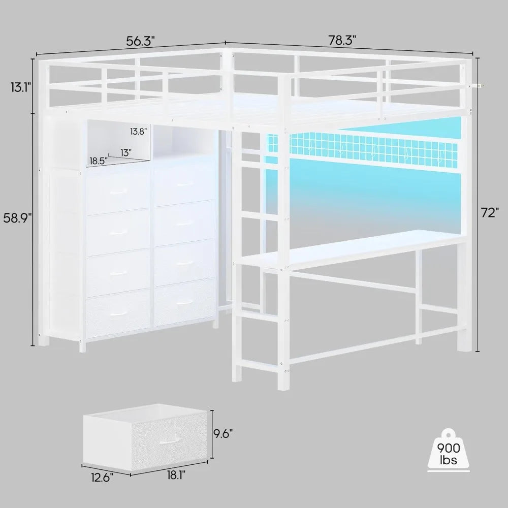 Full Size Loft Bed with Desk, 8 Drawers, LED Lighting, Power Outlet, 2 Shelves, and Clothing Rack