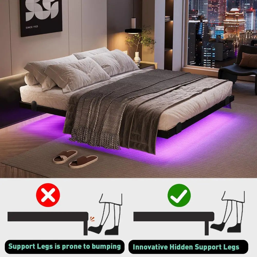King Size 10 Inch LED Floating Bed Frame with Charging Station, Easy Assembly, No Box Spring Needed