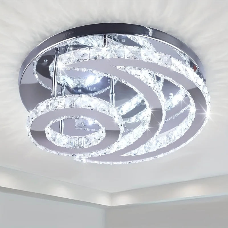15.7" Crystal Chandelier Modern LED Ceiling Light Moon Shape Crystal Flush Mount Ceiling Lights Fixture for Bedroom Living Room