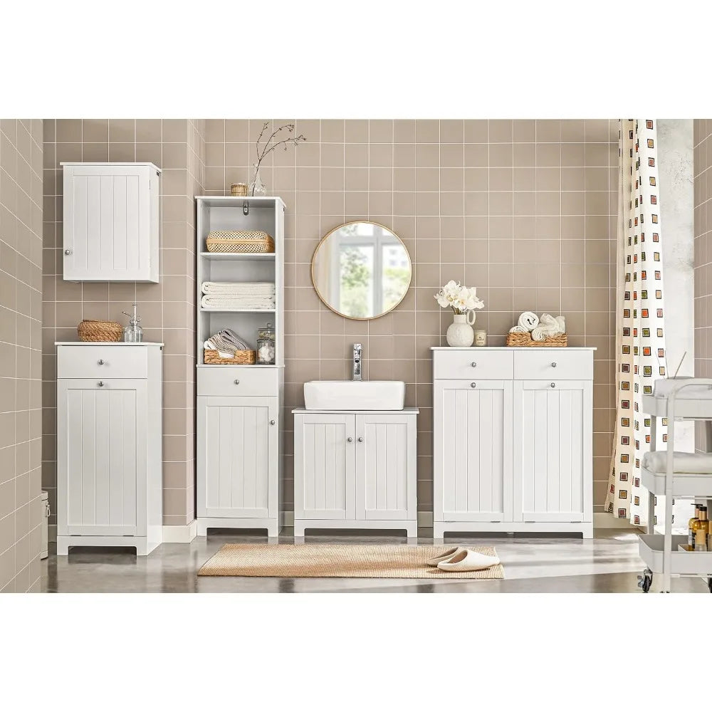 Narrow Space-Saving Tilt-Out Laundry Hamper Cabinet with Pull-Out Bathroom Storage, Shelf & Drawer for Compact Living