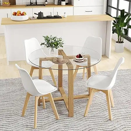 42 Round Glass Dining Table Set for 4-6, 0.3” Modern Tempered Glass Tabletop with 4 Padded Chairs, ModernTable and Chai
