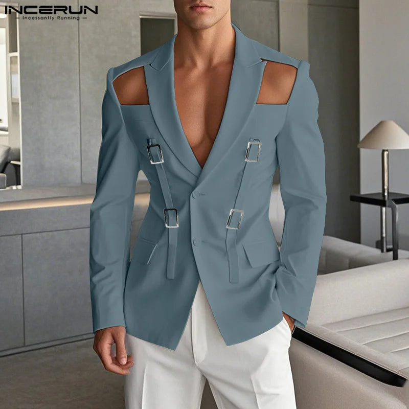 Men's Clothing Fashion Hollow Out Men Blazer Vintage Solid Lace-Up Suits Streetwear Tops Casual Autumn Summer Blazer Oversized