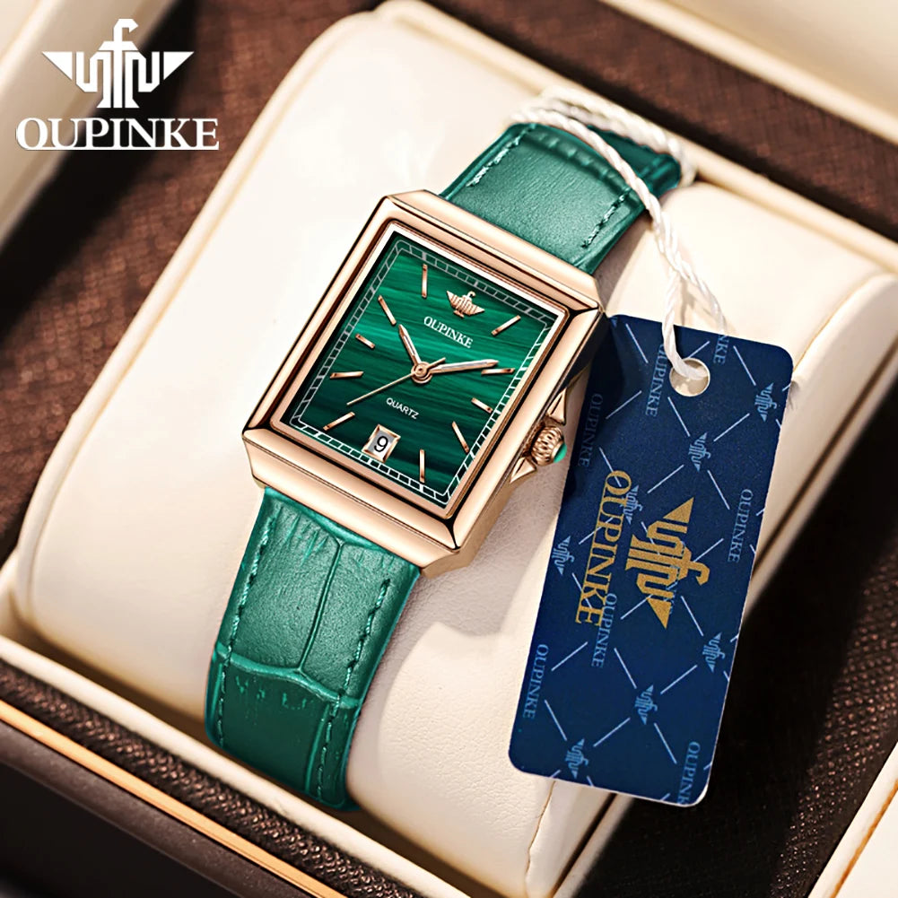 OUPINKE 3182 Simple Womens Watches Elegant Rectangular Dial Quartz Watch Leather strap Date Waterproof Original Lady Wristwatch