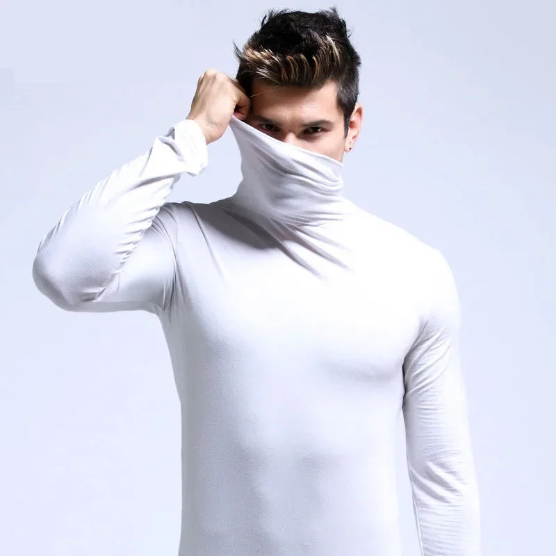 Spring New Men's Turtleneck T-shirt Long Sleeve Slim Fit Solid Color High Elastic Bottoming Pullovers Basic Style Male Tops