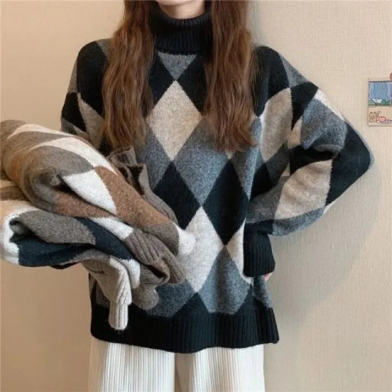 Lazy Sweater Women's Autumn/winter Loose-fit Polo/turtle Neck Rhombus Thickened Top Inner Knitted Top Base Layer