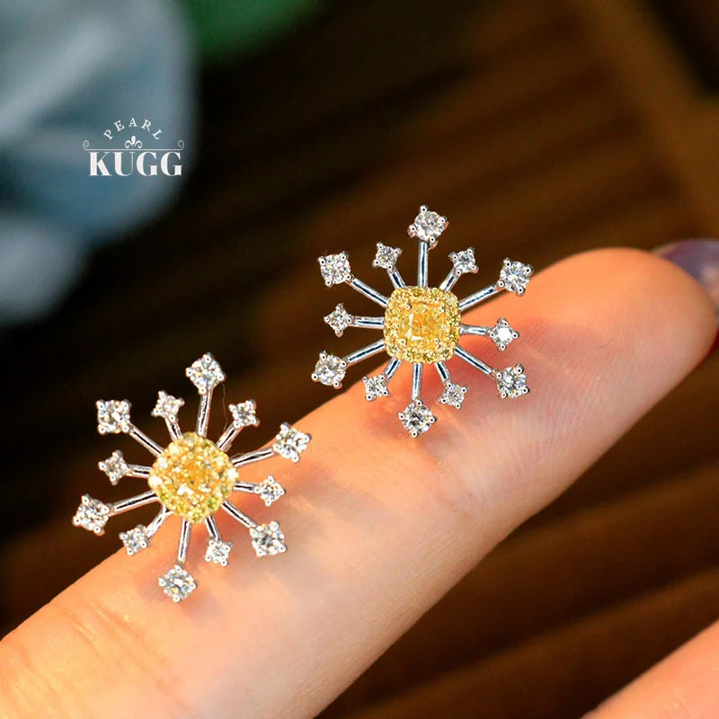 KUGG 100% 18K White Gold Earrings Romantic Elegant Style Real Natural Yellow Diamond Stud Earrings for Women High Party Jewelry