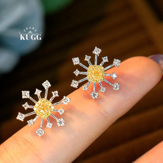 KUGG 100% 18K White Gold Earrings Romantic Elegant Style Real Natural Yellow Diamond Stud Earrings for Women High Party Jewelry