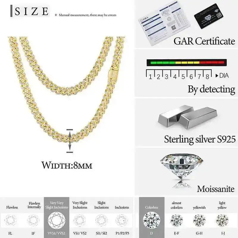 Low Price 8mm 1 Row Vvs Moissanite Iced Out Cuban Link Chain Hiphop Jewelry 925 Sterling Silver Lab Diamond Necklace Men Women