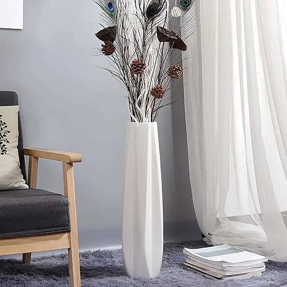 Large White Ceramic Floor Vase - 24 Tall Modern Decorative Vase for Living Room, Home, Office, Bedroom - Flower Vase Accent Piec