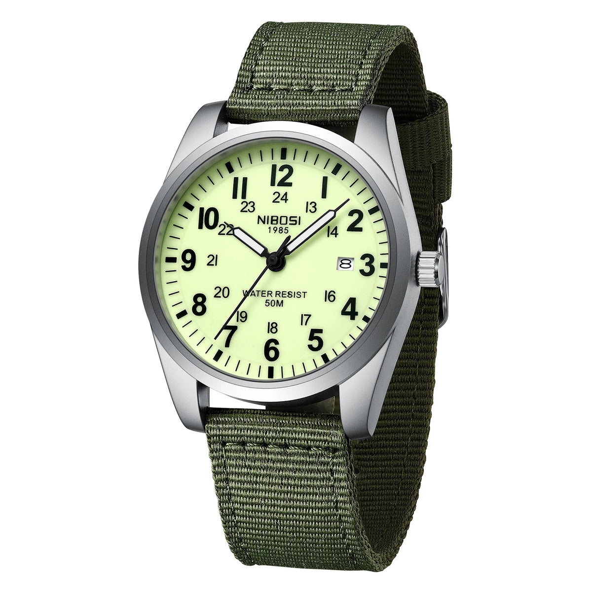 NIBOSI Mens Watches Analog Military Watch with Calendar Luminous Dial Green Nylon Strap Waterproof Men's Wrist Watches Vintage