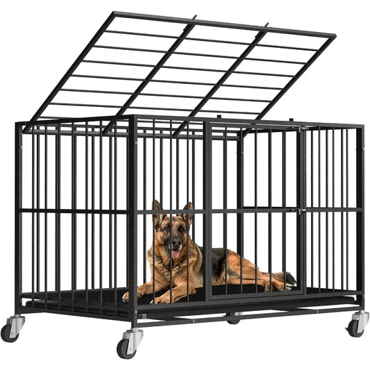 48 Inch Heavy Duty Dog Crate Steel Escape Proof, Indoor Double Door High Anxiety Cage, Removable Tray, Kennel with Wheels