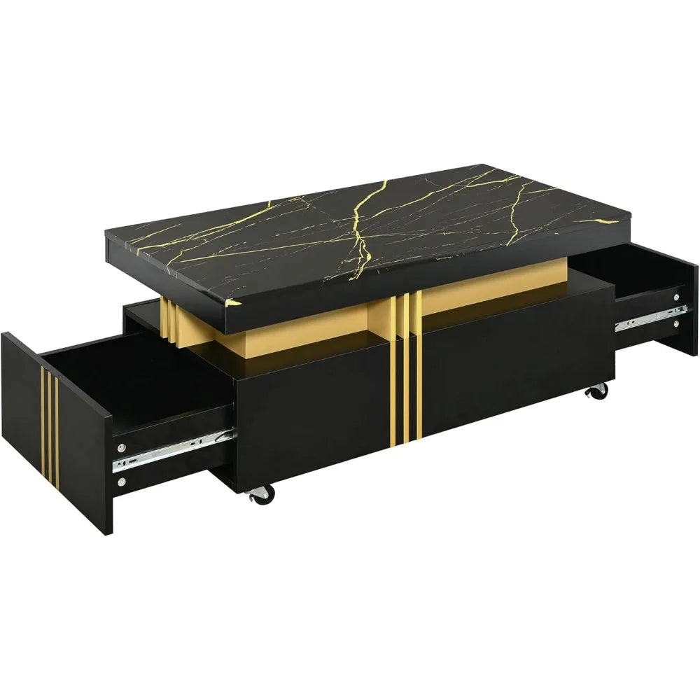 Coffee Table with Faux Marble Top, Modern Center Table with 2 Drawers & Caster Wheels, Contemporary Luxury Cocktail Table with