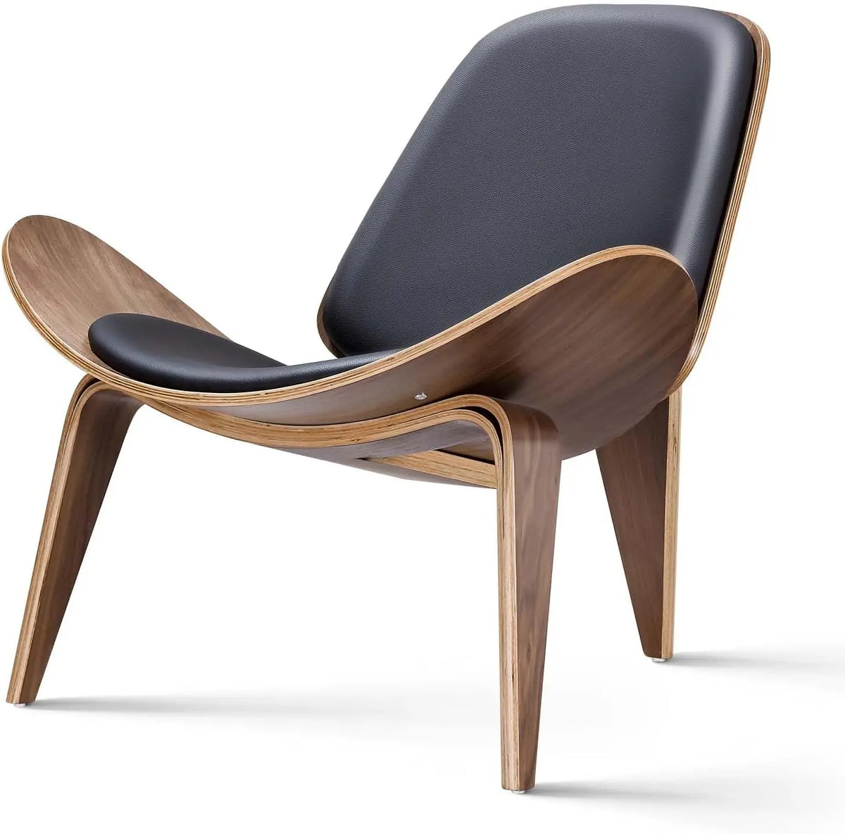 Mid Century Modern Shell Lounge Chair, PU Leather, Tripod Plywood Classic Design Solid Wood Accent Chairs for Living Room