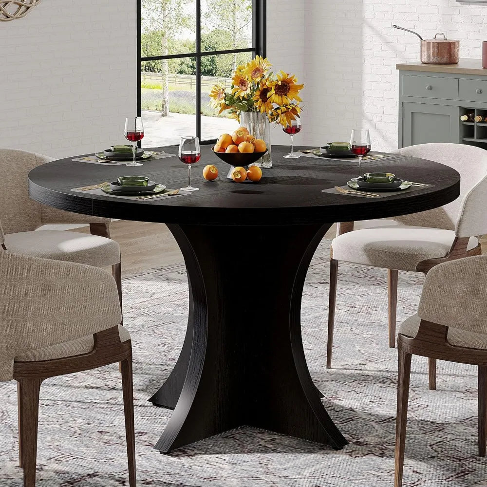 Round Dining Table for 4-6, 47.24-Inch Farmhouse Kitchen Table, Wood Dining Table with Pedestal Base, Small Dinner Table for Di