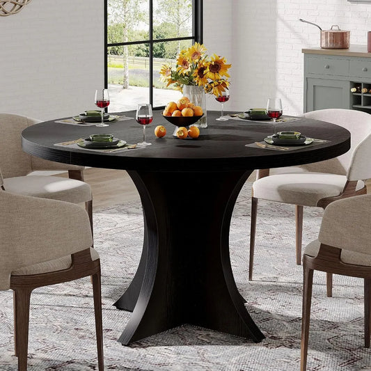Round Dining Table for 4-6, 47.24-Inch Farmhouse Kitchen Table, Wood Dining Table with Pedestal Base, Small Dinner Table for Di