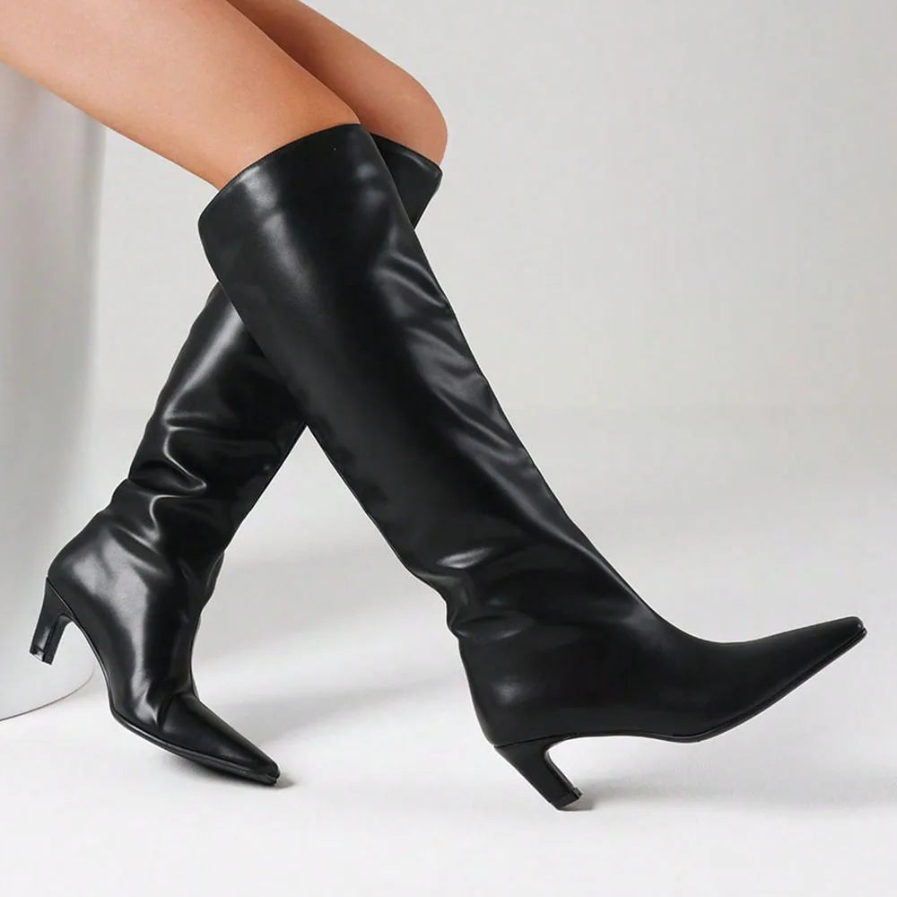Stylish Women Knee High Boots Point Toe Kitten Med Heels Slip-On Sexy Party Street Wide Calf Boots For Woman Fashion Shoes
