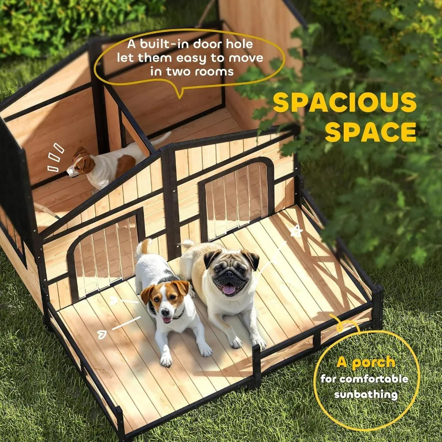 Wooden Large Dog House Outdoor Double XL Dog Kennel with Elevated Floor and Porch Weatherproof Puppy Shelter for Small and Medi