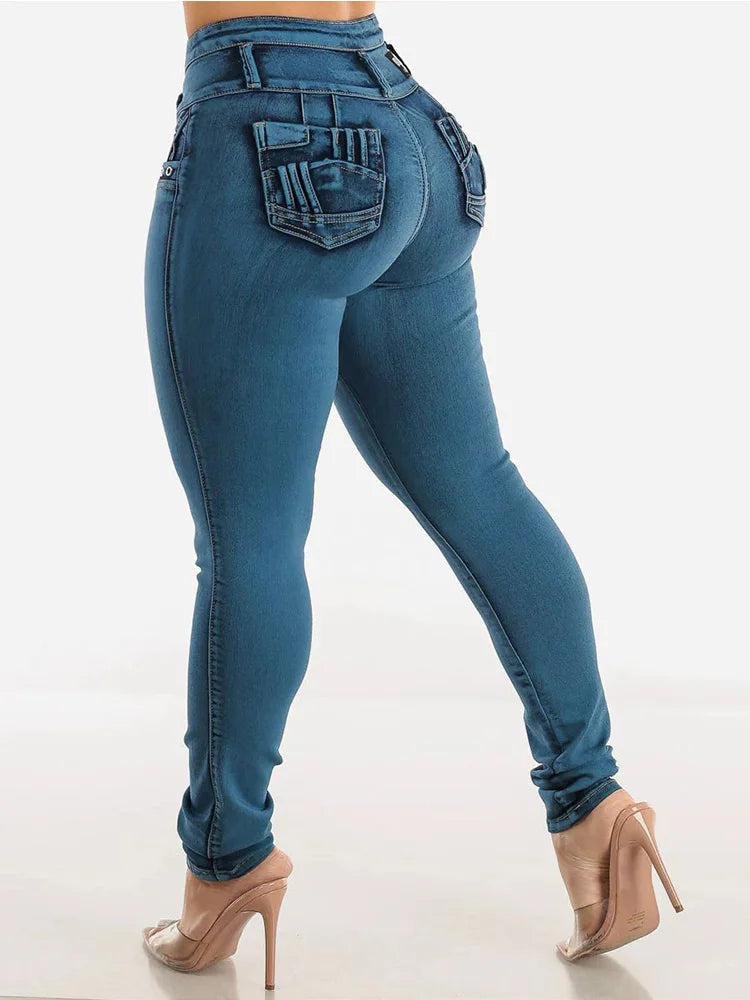Washed medium blue front row button pocket discount elastic slim tight hip lifting small feet for women fashionable casual jeans