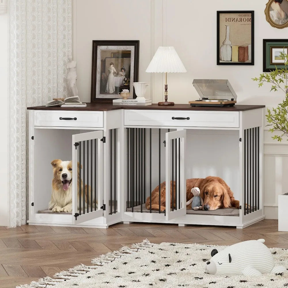 large corner dog crate furniture for 2 dogs, 59" indoor wooden furniture style dog kennel house with double rooms, drawers & rem