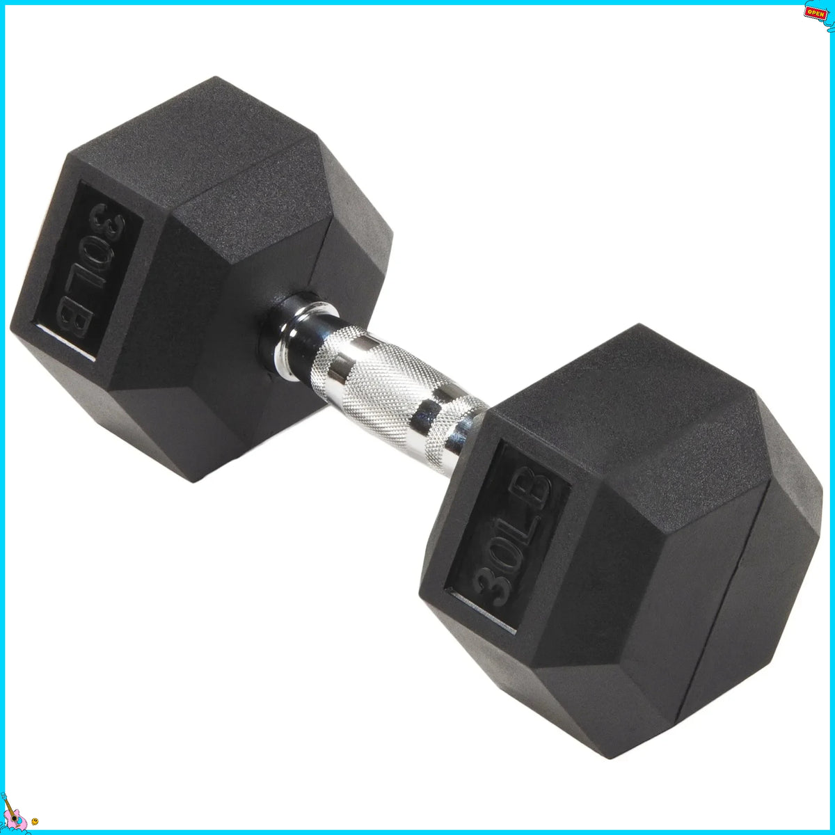 Rubber Encased Hex Dumbbell, Anti-Roll, Black, 30 lb, Assembled Product Weight, Single